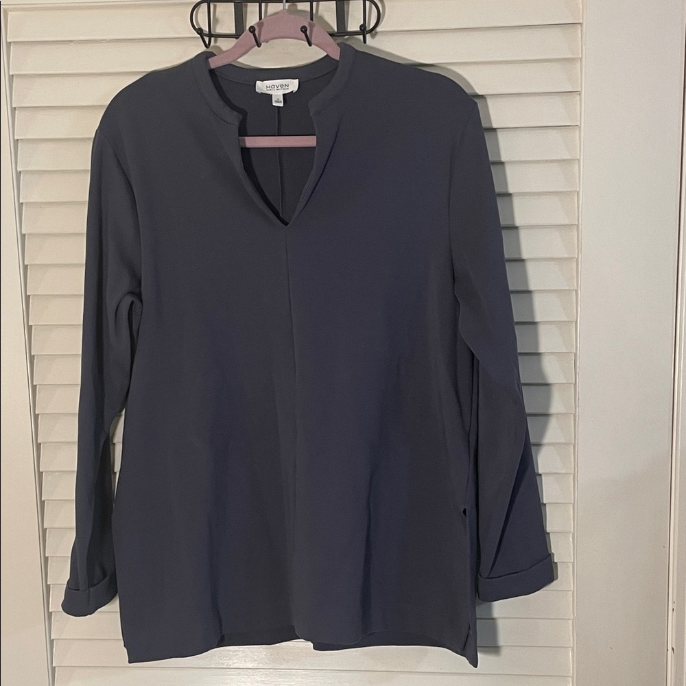 Haven Well Within Charcoal Gray Polished Lounge Side Slit V Neck Top